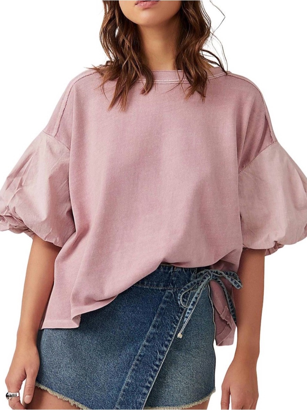 Free People We the Free Blossom Tee in Mauve Zephyr Size XS Puff Sleeves